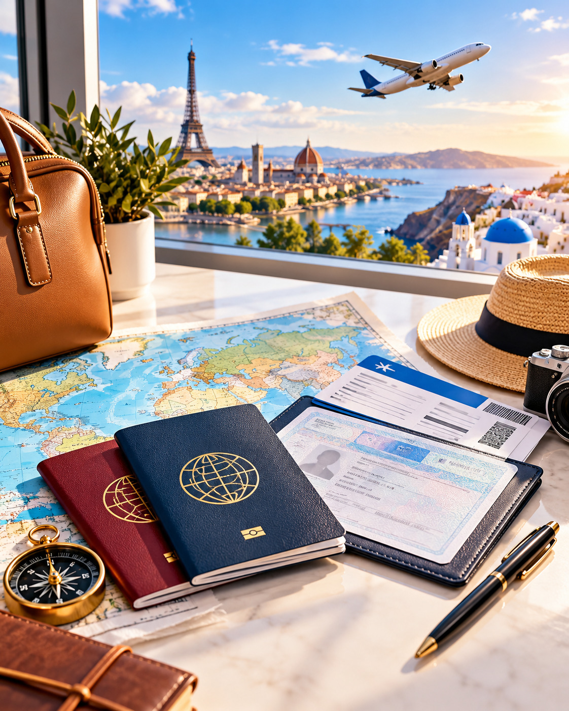 Travel desk with passports and visa documents